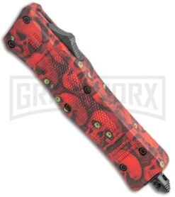 Atomic Defender Mini OTF Automatic Knife Red Skull - Two Tone Drop Point Plain -Kershaw Shop Atomic Mini DP Red Skull OTF Auto TT GX 36430 jr spine large