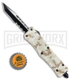 Atomic Defender Mini OTF Automatic Knife Tan Digi Camo - Serr Two Tone Tanto -Kershaw Shop Atomic Mini Defender Tan Digi Camo OTF Black Serr DFMDESTS BP 21650 jr bottlecap large