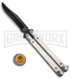 Bear And Son White Smooth Bone Balisong Butterfly Knife - Black Plain -Kershaw Shop Bear Butterfly Knife White Smooth Bone Handle Black WSB17 BHQ 14380 jr bottlecap large