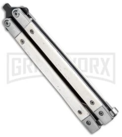 Bear And Son White Smooth Bone Balisong Butterfly Knife - Black Plain -Kershaw Shop Bear Butterfly Knife White Smooth Bone Handle Black WSB17 BHQ 14380 jr side large