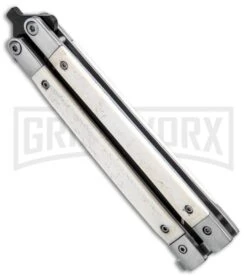 Bear And Son White Smooth Bone Balisong Butterfly Knife - Black Plain -Kershaw Shop Bear Butterfly Knife White Smooth Bone Handle Black WSB17 BHQ 14380 jr spine large