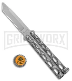 Bear & Son Knives 114A Large Silver Balisong Butterfly Knife - Blasted Tanto -Kershaw Shop Bear Butterfly Tanto Large Silver Vein BB BHQ 0663 jr bottlecap large