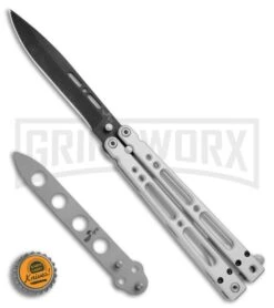 Bear OPS Bear Song IV Silver Balisong Butterfly Knife W/Trainer - Black Plain -Kershaw Shop Bear Ops Bear Song IV Aluminum trainer black BHQ 74868 er bottlecap large