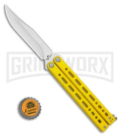 Bear Ops Bear Song VIII Yellow Butterfly Knife - Clip Point Satin Plain -Kershaw Shop Bear Ops Bear Song VIII Butterfly Knife Yellow Clip Point 4.5in Satin B 800 SSYW S BHQ 113965 LS Bottlecap large