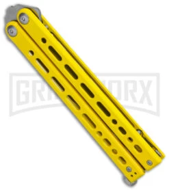 Bear Ops Bear Song VIII Yellow Butterfly Knife - Clip Point Satin Plain -Kershaw Shop Bear Ops Bear Song VIII Butterfly Knife Yellow Clip Point 4.5in Satin B 800 SSYW S BHQ 113965 LS Side large