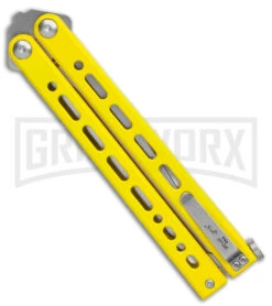 Bear Ops Bear Song VIII Yellow Butterfly Knife - Clip Point Satin Plain -Kershaw Shop Bear Ops Bear Song VIII Butterfly Knife Yellow Clip Point 4.5in Satin B 800 SSYW S BHQ 113965 LS Spine large