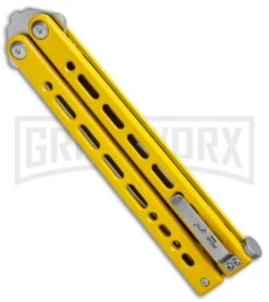 Bear Ops Bear Song VIII Yellow Butterfly Knife - Tanto Satin Plain -Kershaw Shop Bear Ops Bear Song VIII Butterfly Yellow Tanto Satin B 810 SSYW S BHQ 124341 jr side large
