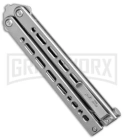 Bear Ops Bear Song VIII Small Gray Butterfly Knife - Bayonet Satin Plain -Kershaw Shop Bear Ops Bear Song VIII Small Butterfly Gray Satin Bayo BHQ 145125 jr side large