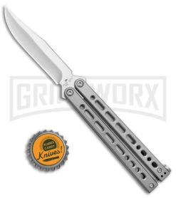 Bear Ops Bear Song VIII Small Gray Butterfly Knife - Clip Point Satin Plain -Kershaw Shop Bear Ops Bear Song VIII Small Butterfly Gray Satin CP BHQ 145121 jr bottlecap large