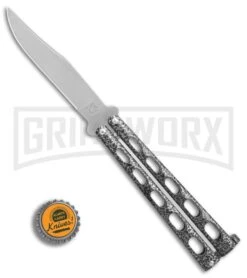Bear & Son Knives Silver Speckle 114 Balisong Butterfly Knife - Satin Plain -Kershaw Shop Bear Son 114 speckle satin BHQ 0365 er bottlecap large