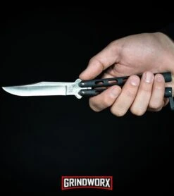 Bear And Son Knives 114 Blue Tanto Balisong Butterfly Knife - Bead Blast Plain -Kershaw Shop Bear Son 114B Large Butterfly Knife Black Satin BHQ 0364 kp in hand web large 6