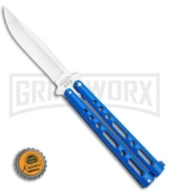 Bear & Son Knives Blue Large 117 Balisong Butterfly Knife - Satin Plain -Kershaw Shop Bear Son Butterfly Blue 117BL BHQ 114368 LS Bottlecap large