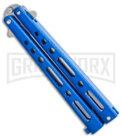 Bear & Son Knives Blue Large 117 Balisong Butterfly Knife - Satin Plain -Kershaw Shop Bear Son Butterfly Blue 117BL BHQ 114368 LS Side large