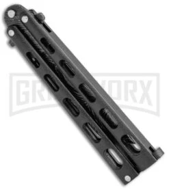 Bear & Son 115TAND Tanto Black Butterfly Knife - Damascus Plain -Kershaw Shop Bear Son Tanto Butterfly Blk Dmscs 115TAND BHQ 50075 jr side 1 large