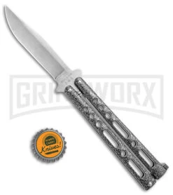 Bear & Son Knives Gray 117 Balisong Butterfly Knife - Stone Wash Plain -Kershaw Shop Bear and Son Butterfly Gray SW BHQ 139093 jr bottlecap large