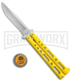 Bear & Son Knives Yellow Large 117 Balisong Butterfly Knife - Stonewash Plain -Kershaw Shop Bear and Son Butterfly Yellow SW BHQ 138996 jr bottlecap large