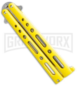 Bear & Son Knives Yellow Large 117 Balisong Butterfly Knife - Stonewash Plain -Kershaw Shop Bear and Son Butterfly Yellow SW BHQ 138996 jr side large