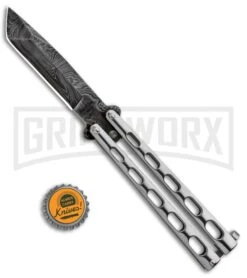 Bear And Son Knives SS14 Large Balisong Butterfly Knife - Tanto Damascus -Kershaw Shop Bear and Son Tanto Butterfly SS Damascus SS14AD BHQ 88455 jr bottlecap large