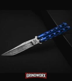 Bear And Son Knives Blue Balisong Butterfly Knife - Damascus Plain -Kershaw Shop Bear and son butterfly blue damascus 114bld BHQ 36772 dl large