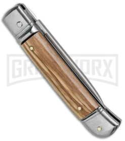 SKM 8" Italian Stiletto Lever Lock Olive Wood Automatic Knife - Polish Flat -Kershaw Shop Beltrame LL Olive Wood Auto Satin BP 27021 jr side large