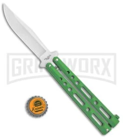 Benchmark Balisong Green Butterfly Knife - Satin Plain -Kershaw Shop Benchmark BM010 Green Balisong Butterfly Satin BM010 BHQ 115068 jr bottlecap large