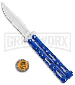 Benchmark Balisong Blue Butterfly Knife - Satin Plain -Kershaw Shop Benchmark BM011 Blue Balisong Butterfly Satin BM011 BHQ 115069 jr bottlecap large