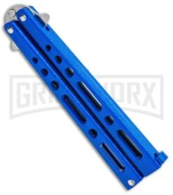 Benchmark Balisong Blue Butterfly Knife - Satin Plain -Kershaw Shop Benchmark BM011 Blue Balisong Butterfly Satin BM011 BHQ 115069 jr side large