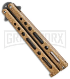 Benchmark Gold Epoxy Steel Butterfly Knife - Stonewash Plain -Kershaw Shop Benchmark Butterfly Gold Stonewash BHQ 138079 td side large