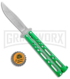 Benchmark Green Epoxy Steel Butterfly Knife - Stonewash Plain -Kershaw Shop Benchmark Butterfly Green SW BHQ 143933 jr bottlecap large