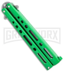 Benchmark Green Epoxy Steel Butterfly Knife - Stonewash Plain -Kershaw Shop Benchmark Butterfly Green SW BHQ 143933 jr side large