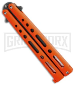 Benchmark Orange Epoxy Steel Butterfly Knife - Stonewash Plain -Kershaw Shop Benchmark Butterfly Orange Stonewash BHQ 137772 td side large