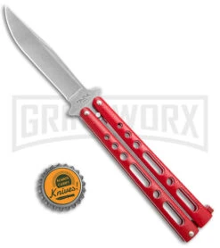 Benchmark Red Epoxy Steel Butterfly Knife - Stonewash Plain -Kershaw Shop Benchmark Butterfly Red SW BHQ 138115 jr bottlecap large