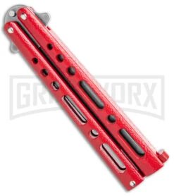 Benchmark Red Epoxy Steel Butterfly Knife - Stonewash Plain -Kershaw Shop Benchmark Butterfly Red SW BHQ 138115 jr side large