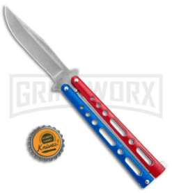 Benchmark Red & Blue Epoxy Steel Butterfly Knife - Stonewash Plain -Kershaw Shop Benchmark Butterfly Red White Blue SW BHQ 143934 jr bottlecap large