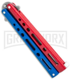 Benchmark Red & Blue Epoxy Steel Butterfly Knife - Stonewash Plain -Kershaw Shop Benchmark Butterfly Red White Blue SW BHQ 143934 jr side large