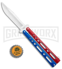 Benchmark Red & Blue Epoxy Steel Butterfly Knife - Satin Plain -Kershaw Shop Benchmark Butterfly Red White Blue Satin BHQ 141219 jr bottlecap large