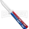 Benchmark Red & Blue Epoxy Steel Butterfly Knife - Satin Plain -Kershaw Shop Benchmark Butterfly Red White Blue Satin BHQ 141219 jr large