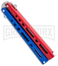 Benchmark Red & Blue Epoxy Steel Butterfly Knife - Satin Plain -Kershaw Shop Benchmark Butterfly Red White Blue Satin BHQ 141219 jr side large