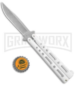 Benchmark White Epoxy Steel Butterfly Knife - Stonewash Plain -Kershaw Shop Benchmark Butterfly White SW BHQ 137770 jr bottlecap large