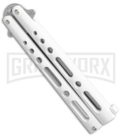 Benchmark White Epoxy Steel Butterfly Knife - Stonewash Plain -Kershaw Shop Benchmark Butterfly White SW BHQ 137770 jr side large