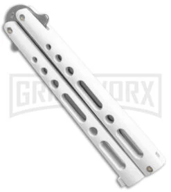 Benchmark White Epoxy Steel Butterfly Knife - Stonewash Plain -Kershaw Shop Benchmark Butterfly White SW BHQ 137770 jr spine large