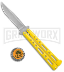Benchmark Yellow Epoxy Steel Butterfly Knife - Stonewash Plain -Kershaw Shop Benchmark Butterfly Yellow SW BHQ 137769 jr bottlecap large