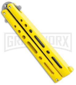 Benchmark Yellow Epoxy Steel Butterfly Knife - Stonewash Plain -Kershaw Shop Benchmark Butterfly Yellow SW BHQ 137769 jr side large