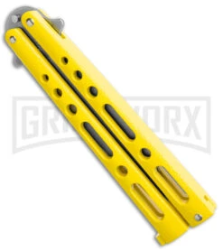 Benchmark Yellow Epoxy Steel Butterfly Knife - Stonewash Plain -Kershaw Shop Benchmark Butterfly Yellow SW BHQ 137769 jr spine large