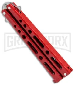 Benchmark BM009 Red Balisong Butterfly Knife - Satin Plain -Kershaw Shop Benchmark Red Buttefly Knife Satin BM009 BHQ 74287 jr side large