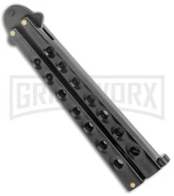 Scoundrel Black Balisong Butterfly Knife Kriss - Black Plain -Kershaw Shop Black Butterfly Balisong Kriss Blade Black GX 3066 jr side large