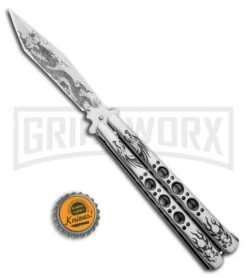 Butterfly Knife Black Dragon Etched Blade - Satin Tanto -Kershaw Shop Black Dragon Butterfly Knife Satin Tanto PK1 GX 33840 ns bottlecap large