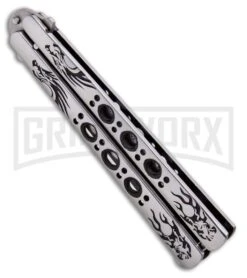 Butterfly Knife Black Dragon Etched Blade - Satin Tanto -Kershaw Shop Black Dragon Butterfly Knife Satin Tanto PK1 GX 33840 ns side large