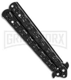 Chalkhill Balisong Black Butterfly Knife - Black Skull Handles -Kershaw Shop Black Skull Balisong Drop Point Butterfly Knife Black Finish GX 37658 td side large