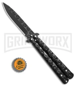 Chalkhill Balisong Black Butterfly Knife - Black Skull Handles -Kershaw Shop Black Skull Balisong Drop Point Butterfly Knife Black Finish GX 37658 td size large